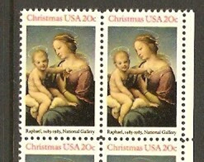 1983 Madonna and Child Plate Block of Four 20-Cent US Christmas Postage Stamps