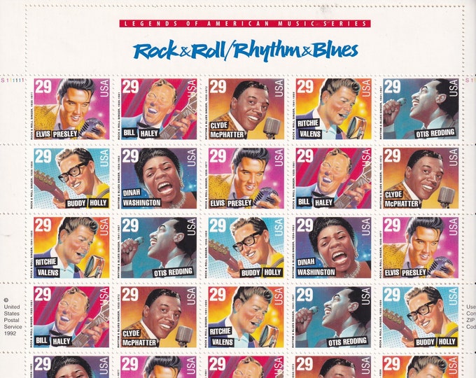 Rock and Roll Rhythm and Blues Mint Sheet of Thirty-Five 39-Cent United States Postage Stamps Issued 1993
