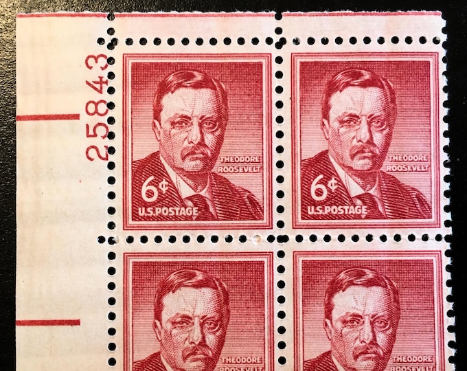 Theodore Roosevelt Plate Block of Four 6-Cent US Postage Stamps Issued 1955