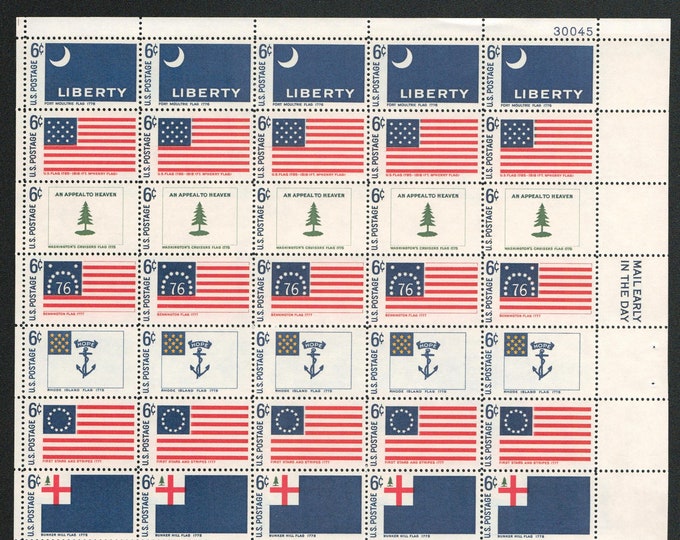 Historic American Flags Mint Sheet of Fifty 6-Cent United States Postage Stamps Issued 1968