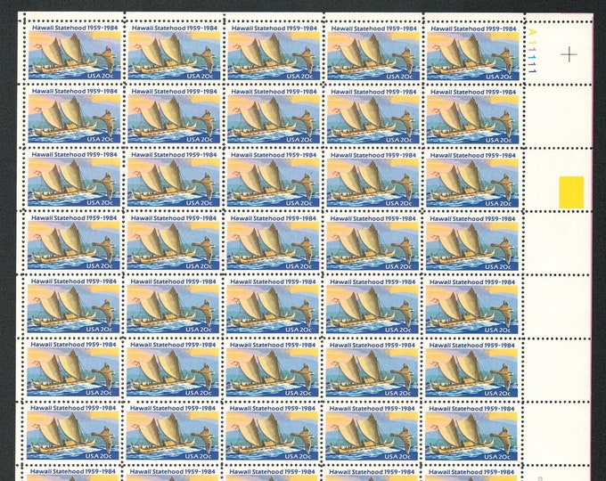 Hawaii Statehood Sheet of Fifty United States 20-Cent Postage Stamps Issued 1984