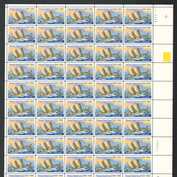 Hawaii Statehood Sheet of Fifty United States 20-Cent Postage Stamps Issued 1984