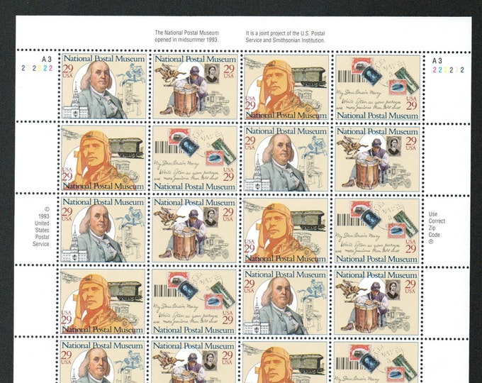 National Postal Museum Sheet of Twenty 29-Cent United States Postage Stamps Issued 1993