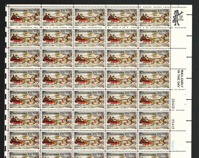 Currier and Ives Winter Road Sheet Of Fifty United States 10-Cent Christmas Postage Stamps Issued 1974
