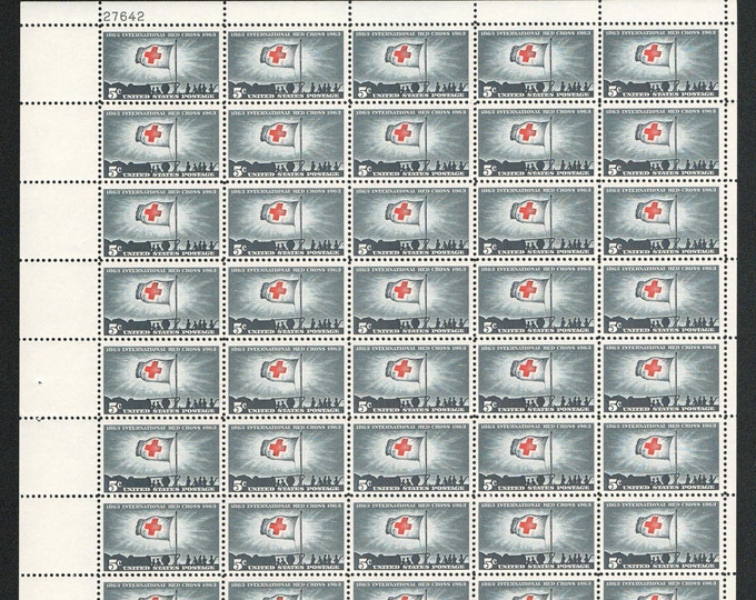 International Red Cross Centennial Mint Sheet of Fifty 5-Cent United States Postage Stamps Issued 1963