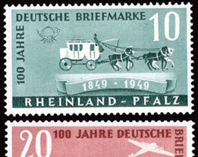 Mail Transportation Set of Two Rhineland-Palatinate Germany Postage Stamps Issued 1949