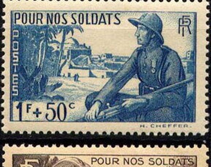 French WWII Soldiers Set of Two France Postage Stamps Issued 1940