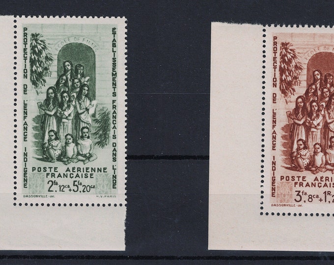 Native Children Welfare Fund Set of Two French India Air Mail Postage Stamps Issued 1942