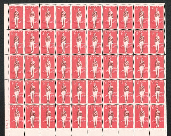 Amelia Earhart Sheet of Fifty 8-Cent United States Air Mail Postage Stamps Issued 1963