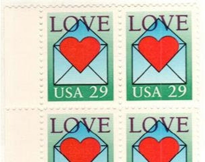 Love Envelope and Heart Plate Block of Four 29-Cent United States Postage Stamps