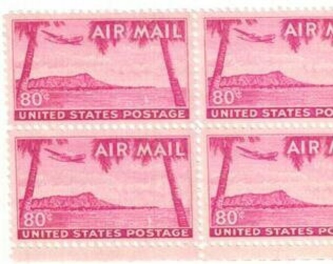 1952 Diamond Head Hawaii Plate Block of Four United States Air Mail 80-Cent Postage Stamps