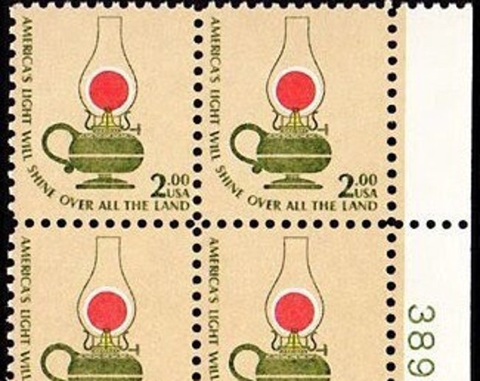 Kerosene Lamp Plate Block of Four Two-Dollar United States Postage Stamps Issued 1978