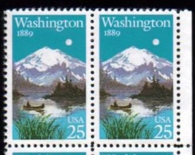 1989 Washington Statehood Plate Block of Four 25-Cent United States Postage Stamps