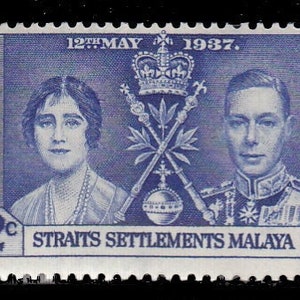 May include: Three vintage Straits Settlements Malaya stamps. The stamps feature portraits of a woman and a man, with a crown and crossed scepters. The stamps are in shades of red, gray, and blue, with denominations of 4c, 8c, and 12c.