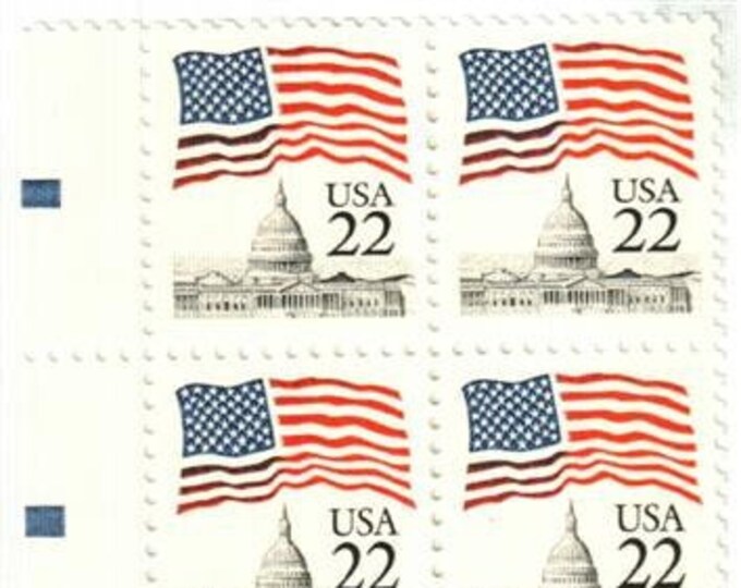 1985 Flag Over Capitol Plate Block of Four 22-Cent United States Postage Stamps