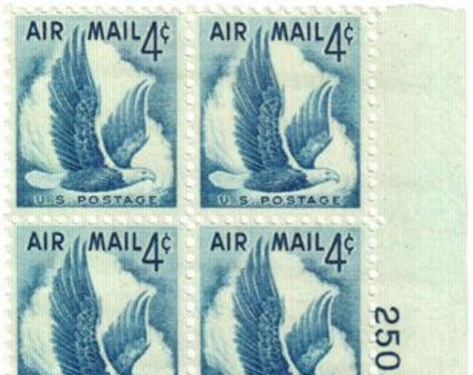 1954 Eagle in Flight Plate Block of Four 4-Cent United States Airmail Postage Stamps