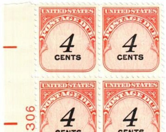 Plate Block of Four United States 4-Cent Postage Due Stamps Issued 1959