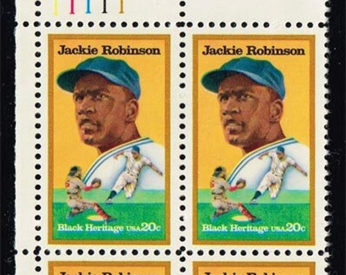 Jackie Robinson Plate Block of Four 20-Cent United States Postage Stamps