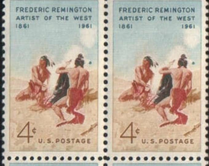 1961 Frederic Remington Block of Four 4-Cent US Postage Stamps Native Americans Mint Never Hinged
