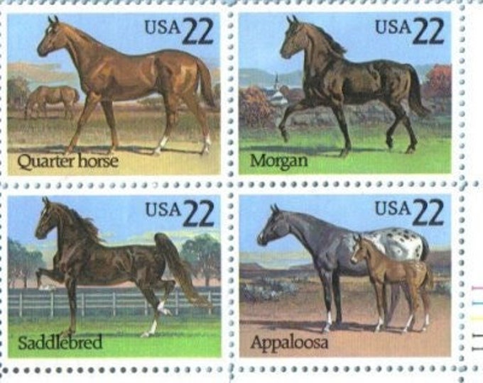 American Horses Plate Block of Four 22-Cent United States Postage Stamps Issued 1985