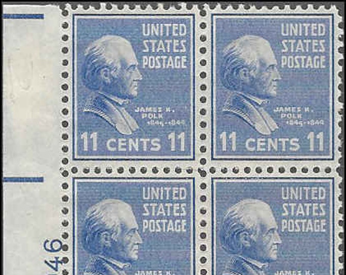 James K Polk Plate Block of Four US 11-Cent Postage Stamps Issued 1938