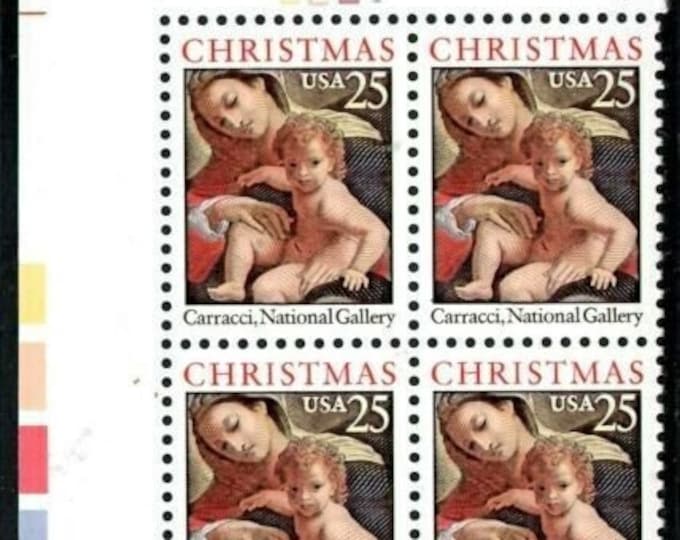 1989 Madonna and Child Plate Block of Four 25-Cent United States Christmas Postage Stamps