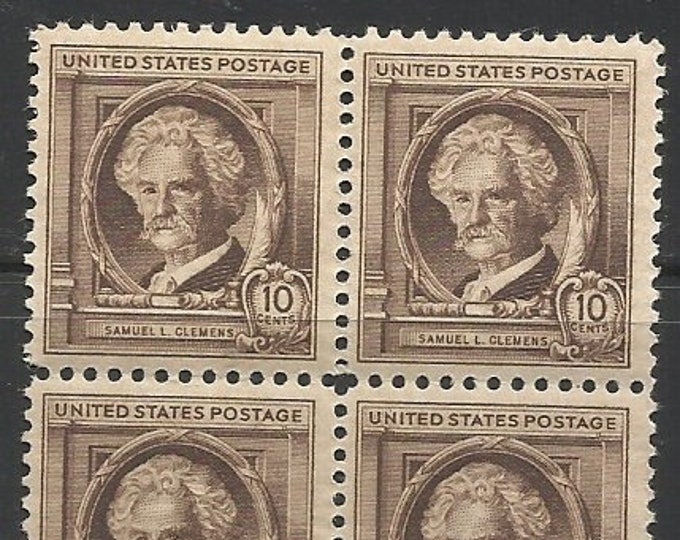 Mark Twain Block of Four 10-Cent United States Postage Stamps Issued 1940