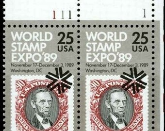 1989 World Stamp Expo '89 Plate Block of Four 25-Cent United States Postage Stamps