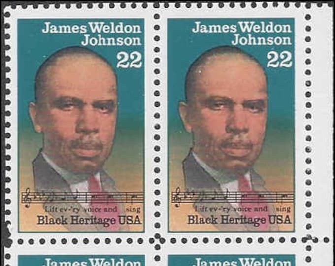 1988 Black Heritage James Weldon Johnson Plate Block of Four 22-Cent US Postage Stamps