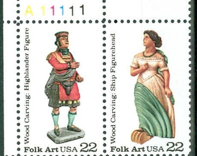 1986 Wood Carved Figurines Plate Block of Four 22-Cent United States Postage Stamps