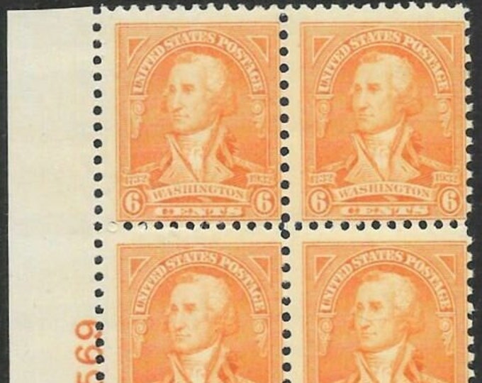 Washington Bicentennial Plate Block of Four 6-Cent United States Postage Stamps Issued 1932