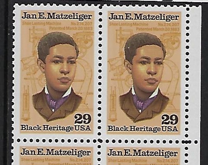 Jan E Matzeliger Plate Block of Four 29-Cent United States Postage Stamps Issued 1991
