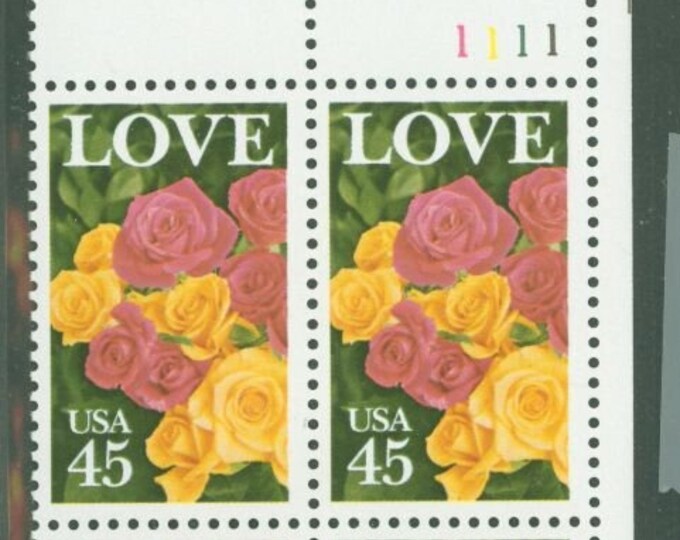 Pink and Yellow Roses Plate Block of Four 45-Cent United States Love Postage Stamps