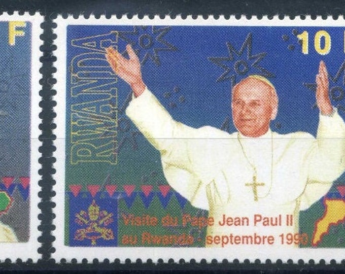 Pope John Paul II Set of Two Rwanda Postage Stamps Issued 1990