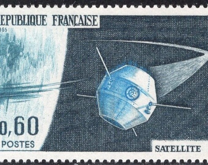 1965 Space Rocket and Satellite Set of Two France Postage Stamps With Label Mint Never Hinged