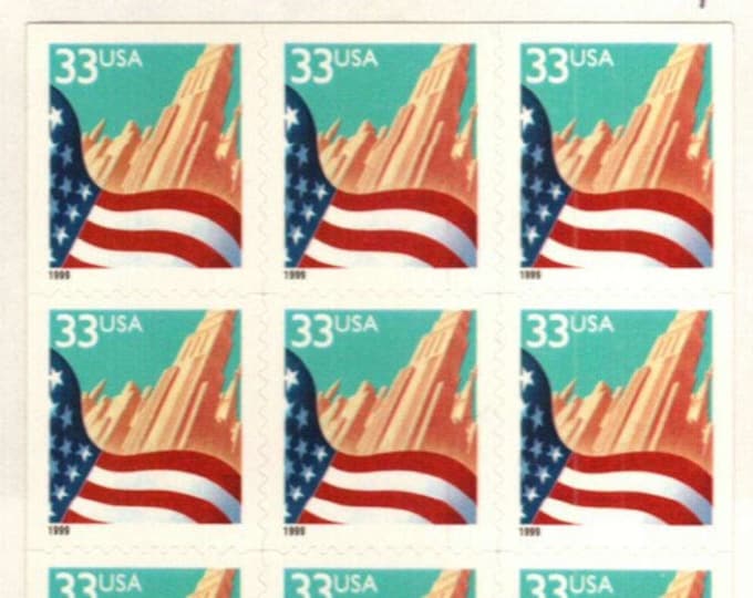 American Flag And City Booklet of Twenty 33-Cent United States Postage Stamps Issued 1999