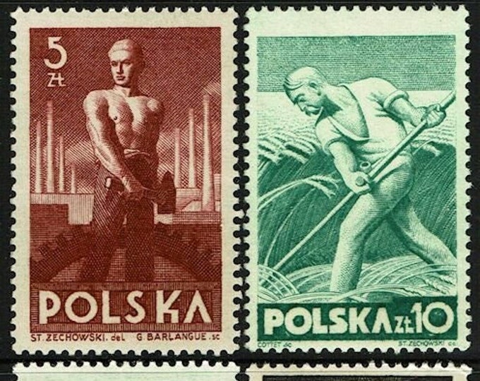 Laborers Set of Four Poland Postage Stamps Issued 1947