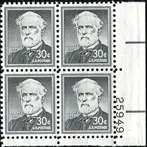 Robert E Lee Plate Block of Four 30-Cent US Postage Stamps Issued 1955