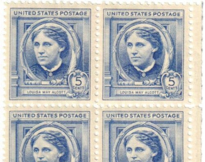 Louisa May Alcott Plate Block of Four 5-Cent United States Postage Stamps Issued 1940