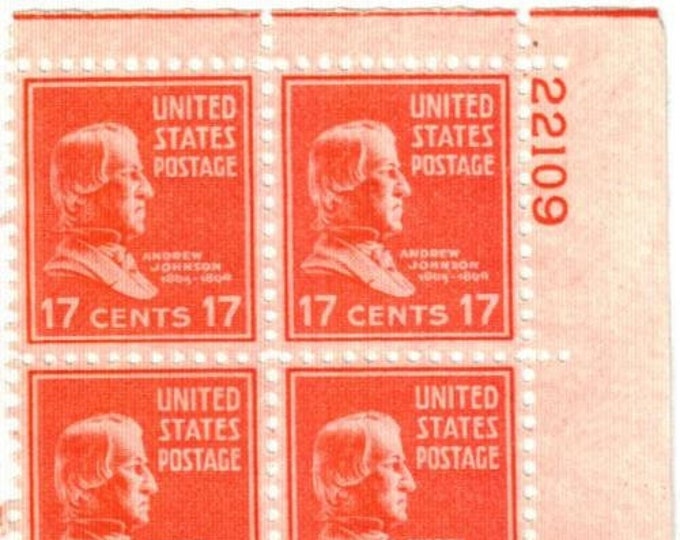 Andrew Johnson Plate Block of Four 17-Cent United States Postage Stamps