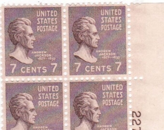 Andrew Jackson Plate Block of Four 7-Cent United States Postage Stamps