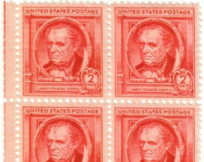 James Fenimore Cooper Plate Block of Four 2-Cent United States Postage Stamps Issued 1940