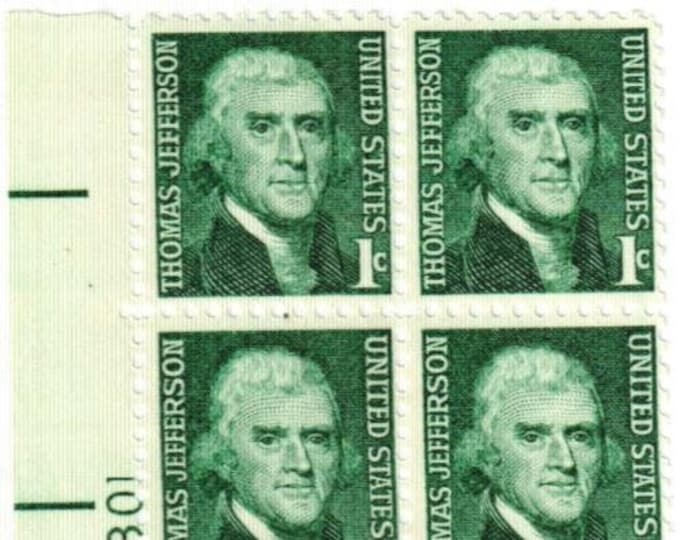1968 Thomas Jefferson Plate Block of Four 1-Cent United States Postage Stamps