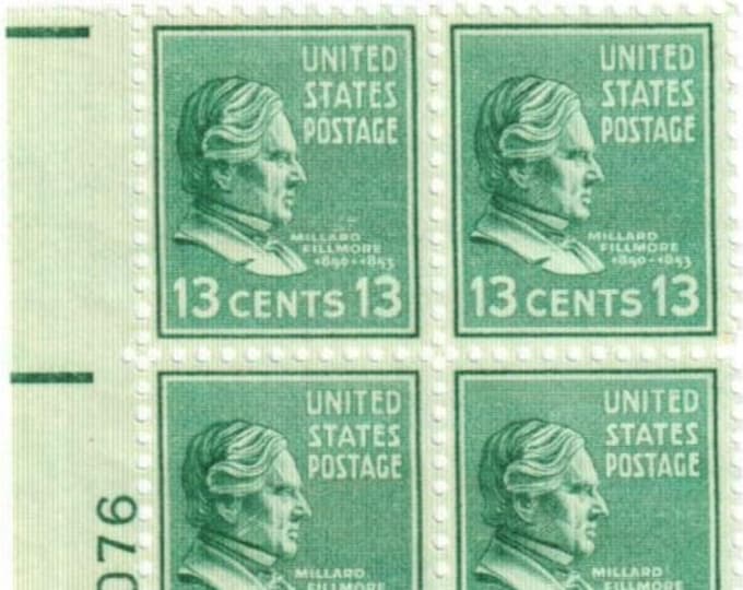 1938 Millard Fillmore Plate Block of Four 13-Cent US Postage Stamps Mint Never Hinged