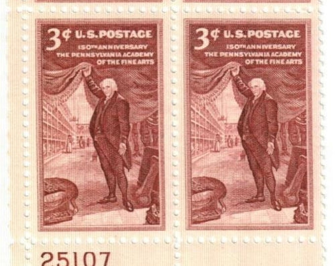 1955 Pennsylvania Academy of Fine Arts Plate Block of Four 3-Cent US Postage Stamps Mint Never Hinged