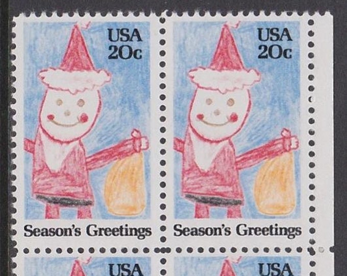 1984 Drawing of Santa Claus Plate Block of Four 20-Cent United States Postage Stamps