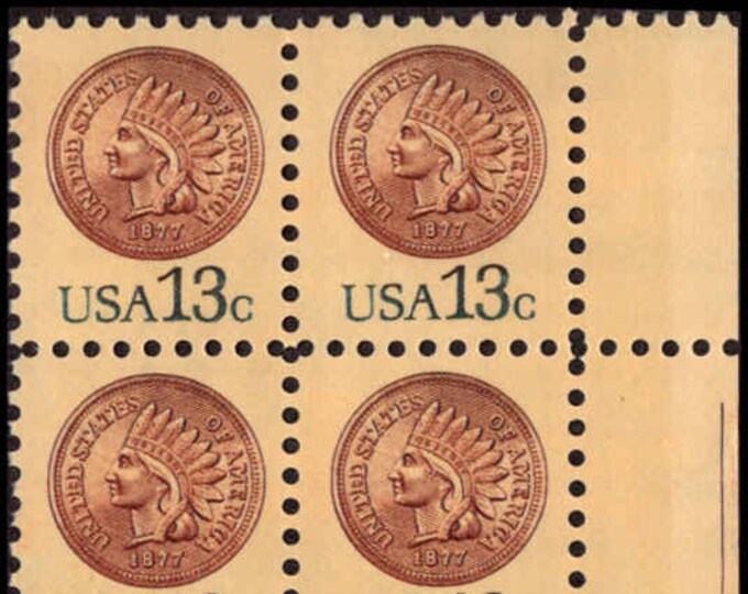 1978 Indian Head Penny Plate Block of Four 13-Cent United States Postage Stamps