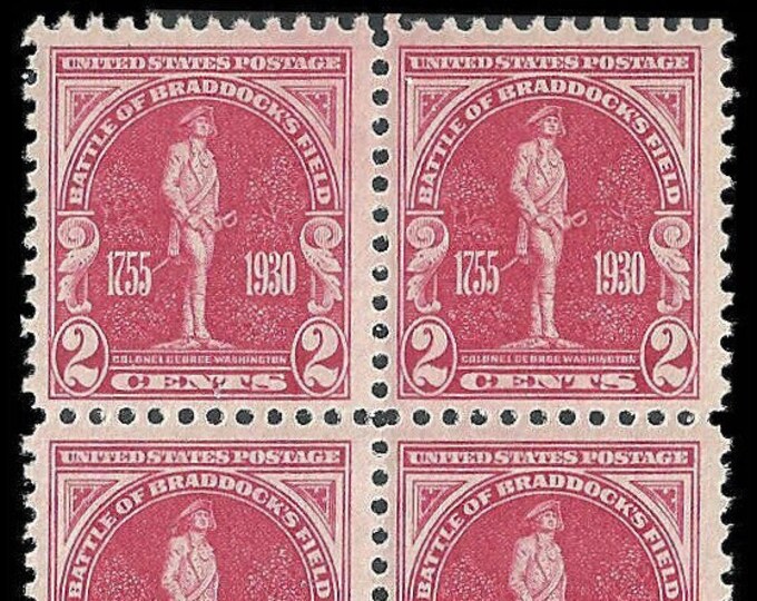 Battle of Braddocks Field Block of Four 2-Cent US Postage Stamps Issued 1930