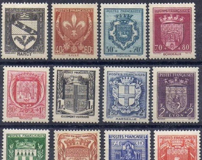 French Cities Coats of Arms Set of Twelve France Postage Stamps Issued 1941