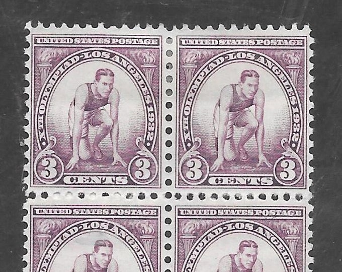 Summer Olympics Runner at Starting Mark Block of Four 3-Cent US Postage Stamps Issued 1932